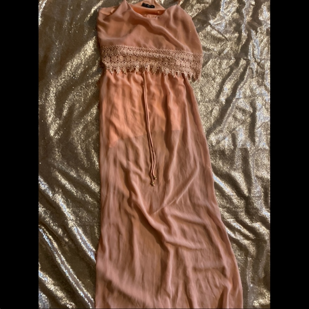 Long blush dress see thru mesh at the bottom